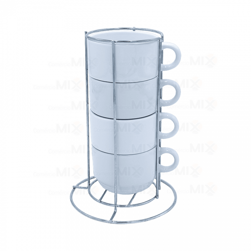 Kit 4 Xícaras para Café e Chá de Cerâmica Branca c/ Suporte Gourmet Inox 150ml 